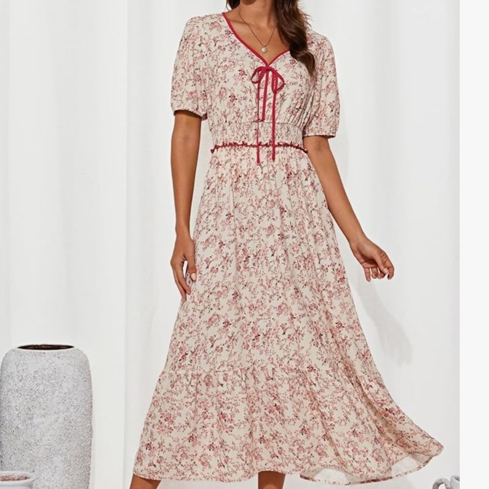Grace Karin Floral Maxi Dress with Red Trim
